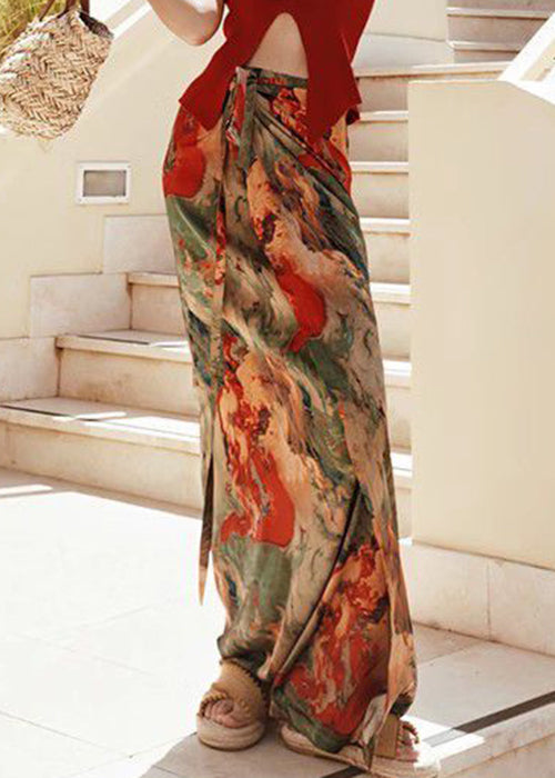 Loose Print Lace Up High Waist Silk Skirts Summer