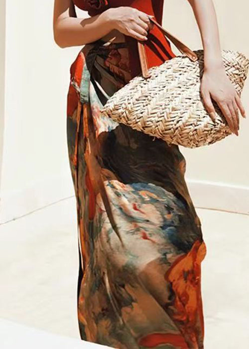 Loose Print Lace Up High Waist Silk Skirts Summer
