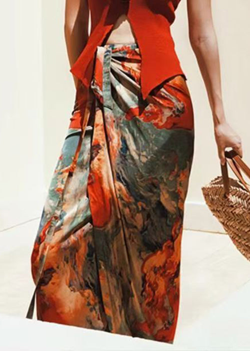 Loose Print Lace Up High Waist Silk Skirts Summer