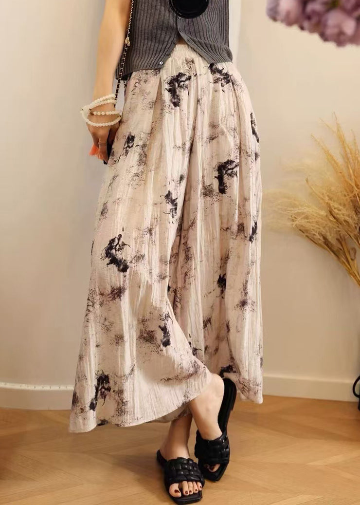 Loose Print Pockets Elastic Waist Cotton Wide Leg Pants Summer