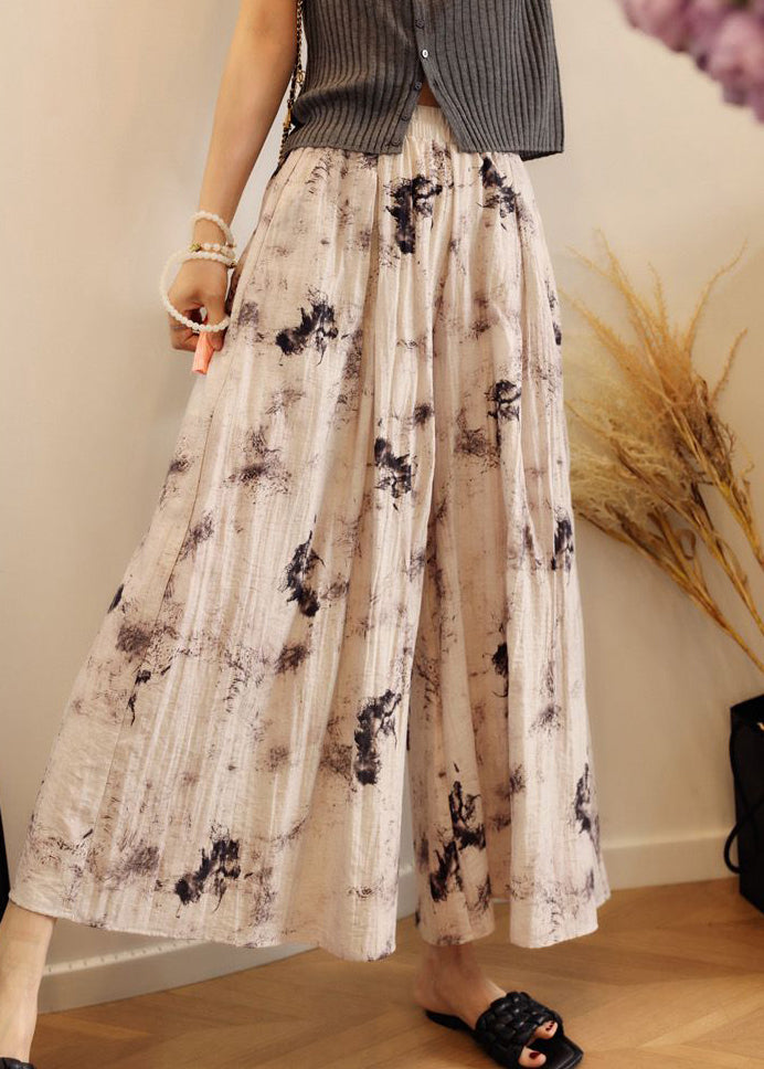 Loose Print Pockets Elastic Waist Cotton Wide Leg Pants Summer