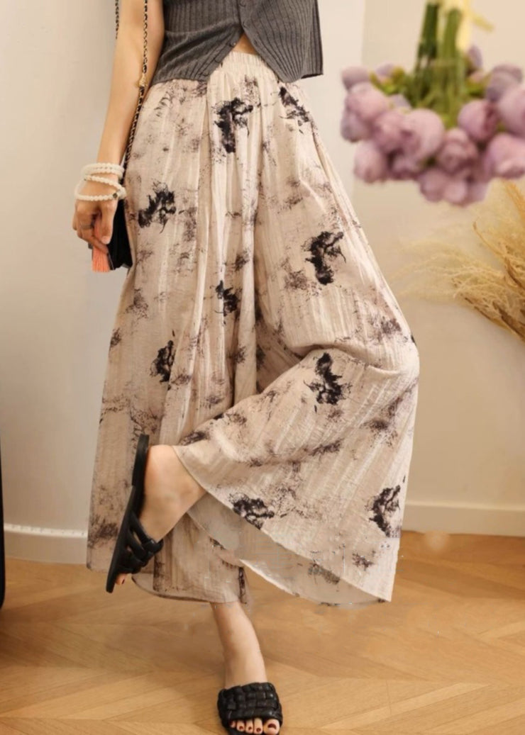 Loose Print Pockets Elastic Waist Cotton Wide Leg Pants Summer