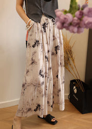 Loose Print Pockets Elastic Waist Cotton Wide Leg Pants Summer