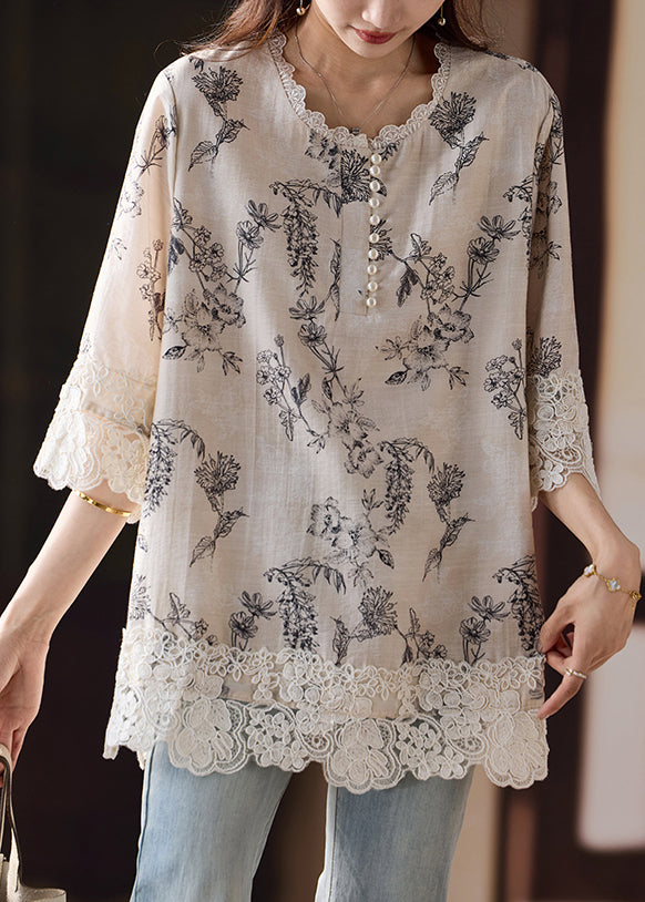Loose Print Side Open Lace Patchwork Cotton Blouses Bracelet Sleeve