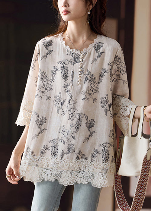 Loose Print Side Open Lace Patchwork Cotton Blouses Bracelet Sleeve
