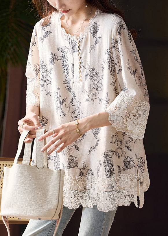 Loose Print Side Open Lace Patchwork Cotton Blouses Bracelet Sleeve