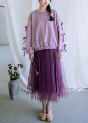 Loose Purple Bow Cotton Sweatshirt And Tulle Dress Two Pieces Set Fall