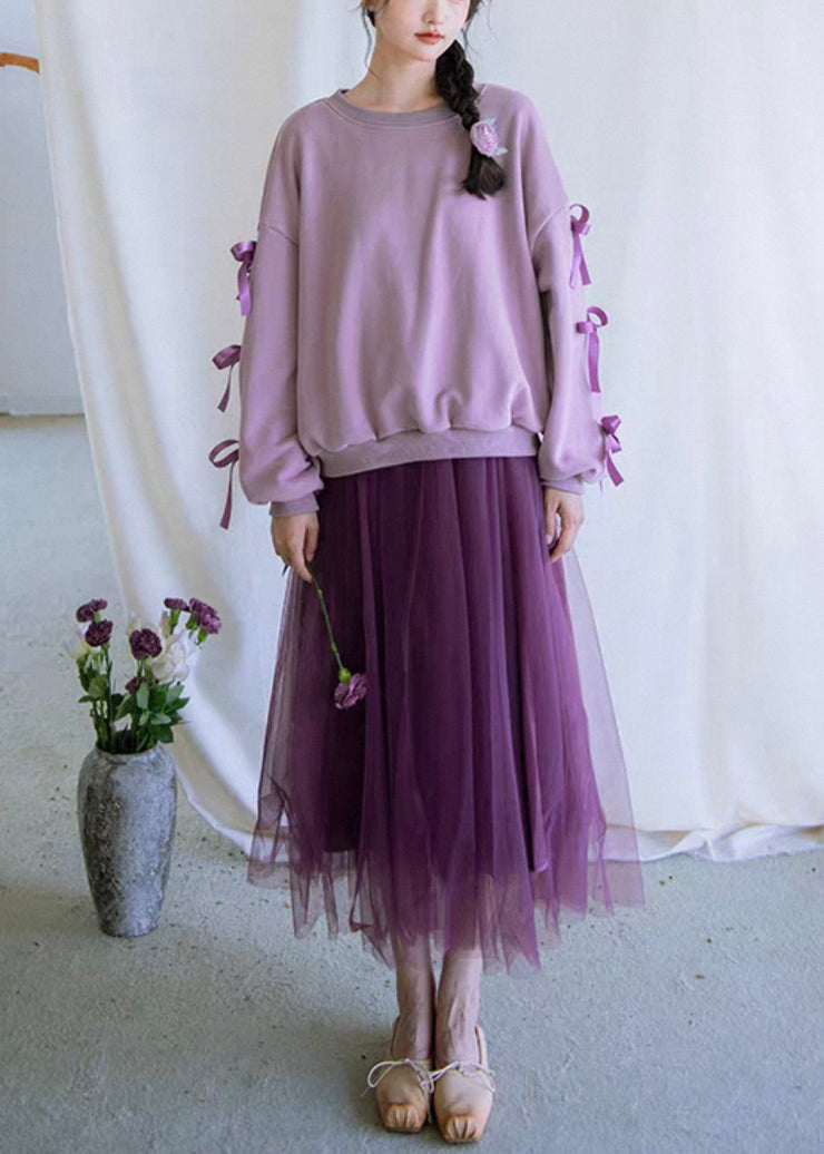 Loose Purple Bow Cotton Sweatshirt And Tulle Dress Two Pieces Set Fall