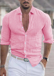Loose Purple Button Solid Cotton Men Shirts Fall
