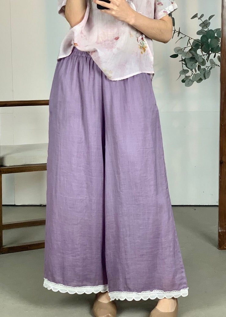 Loose Purple Elastic Waist Lace Patchwork Linen Wide Leg Pants Summer