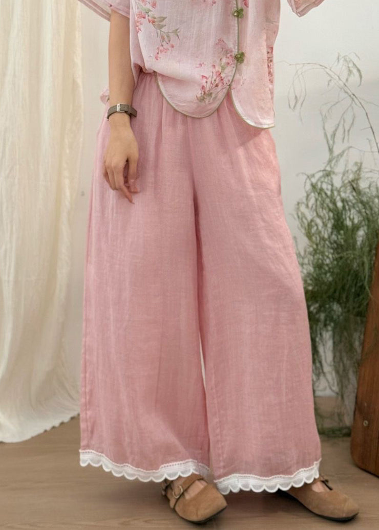 Loose Purple Elastic Waist Lace Patchwork Linen Wide Leg Pants Summer