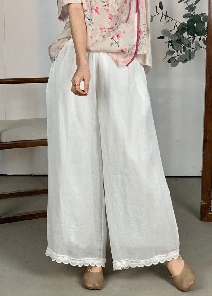 Loose Purple Elastic Waist Lace Patchwork Linen Wide Leg Pants Summer