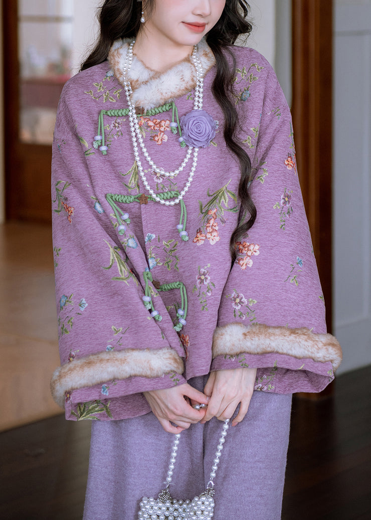 Loose Purple Fur Collar Chinese Button Patchwork Warm Fleece Parka Winter