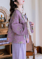 Loose Purple Fur Collar Chinese Button Patchwork Warm Fleece Parka Winter