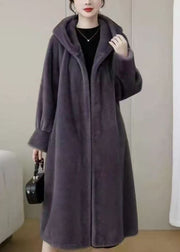 Loose Purple Hooded Pockets Solid Mink Hair Coats Winter