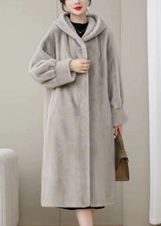 Loose Purple Hooded Pockets Solid Mink Hair Coats Winter