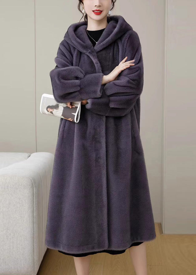 Loose Purple Hooded Pockets Solid Mink Hair Coats Winter