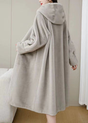 Loose Purple Hooded Pockets Solid Mink Hair Coats Winter