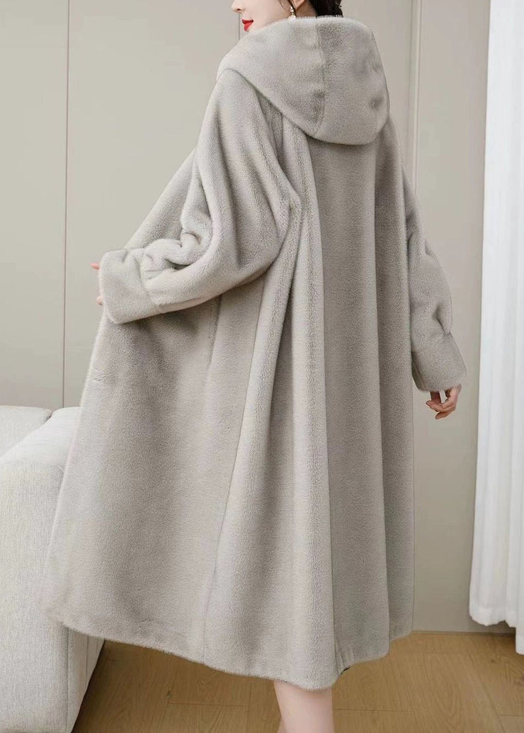 Loose Purple Hooded Pockets Solid Mink Hair Coats Winter