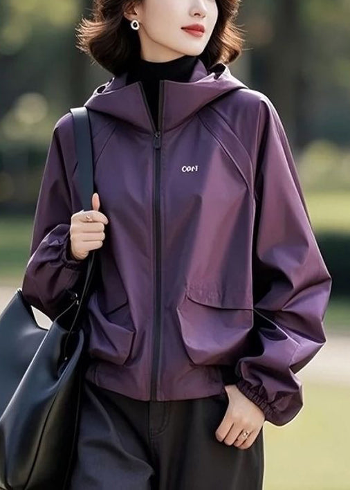 Loose Purple Hooded Zippered Solid Cotton Coats Fall