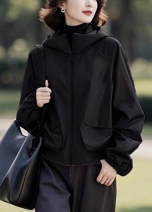 Loose Purple Hooded Zippered Solid Cotton Coats Fall