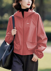 Loose Purple Hooded Zippered Solid Cotton Coats Fall