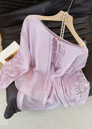 Loose Purple Lace Up Hollow Out Cotton Blouses Fall