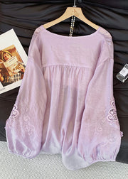 Loose Purple Lace Up Hollow Out Cotton Blouses Fall