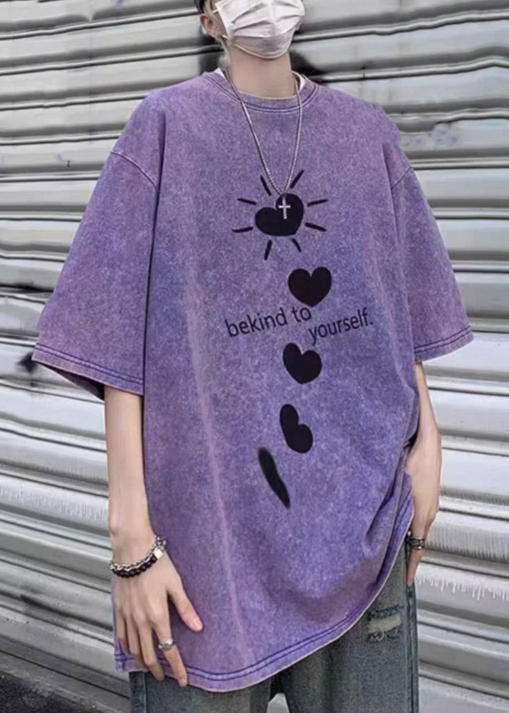 Loose Purple Love Letter Print Cotton T Shirt Men Half Sleeve