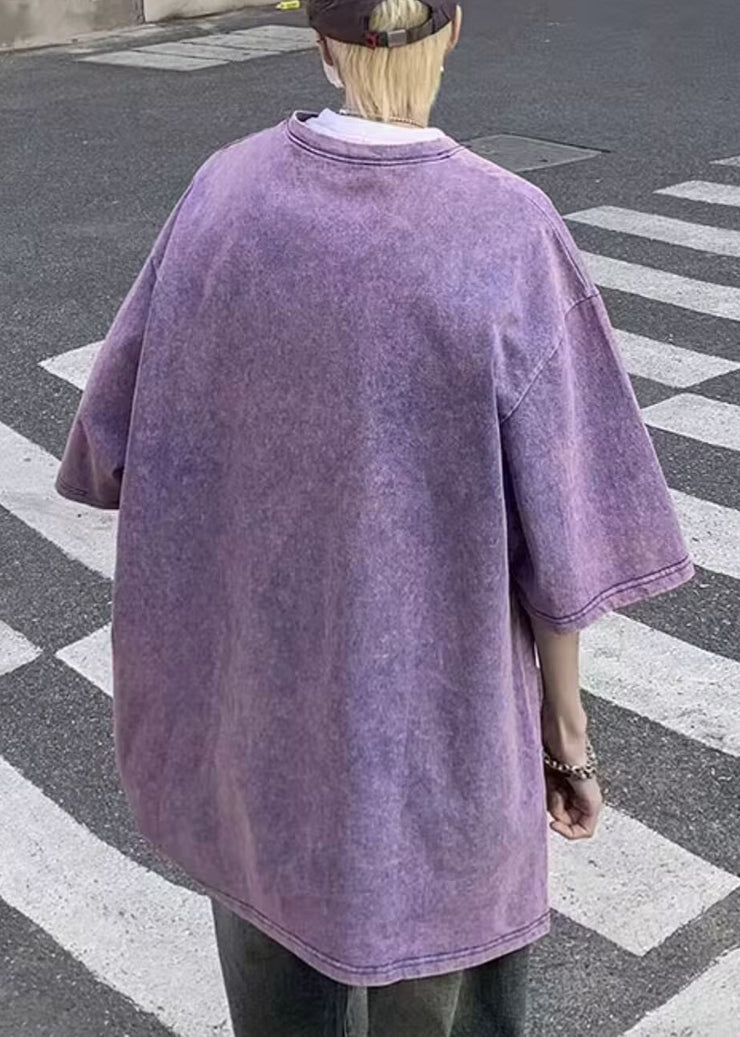 Loose Purple Love Letter Print Cotton T Shirt Men Half Sleeve