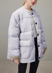 Loose Purple O Neck Plaid Button Duck Down Puffer Coat Winter