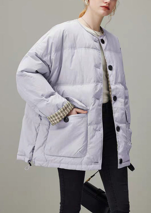 Loose Purple O Neck Plaid Button Duck Down Puffer Coat Winter