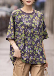 Loose Purple O Neck Print Cotton T Shirt Summer