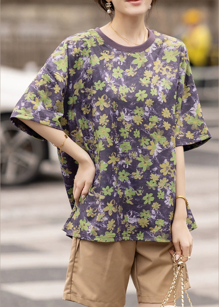 Loose Purple O Neck Print Cotton T Shirt Summer