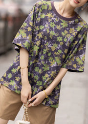 Loose Purple O Neck Print Cotton T Shirt Summer