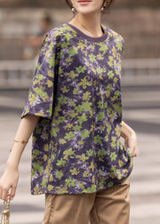 Loose Purple O Neck Print Cotton T Shirt Summer