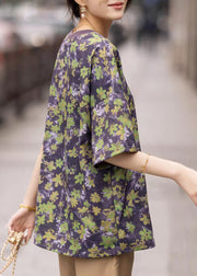 Loose Purple O Neck Print Cotton T Shirt Summer