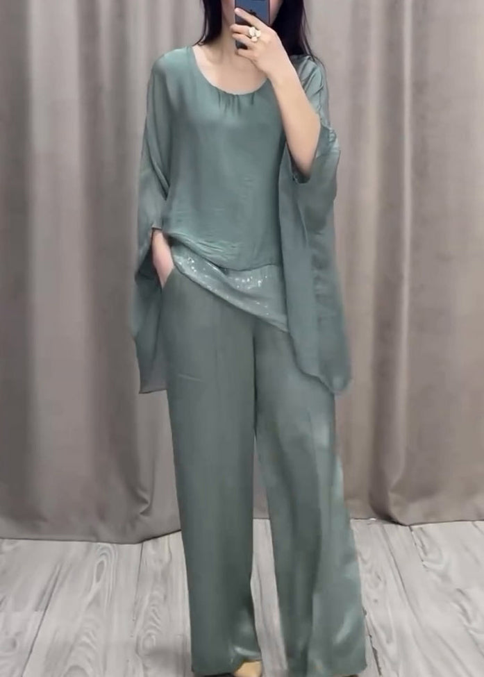 Loose Purple O Neck Solid Tops And Pants Cotton Two Pieces Set Batwing Sleeve