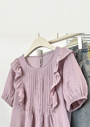 Loose Purple O Neck Wrinkled Cotton Blouse Summer