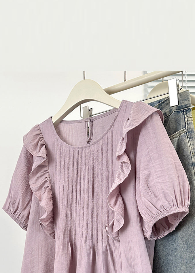 Loose Purple O Neck Wrinkled Cotton Blouse Summer