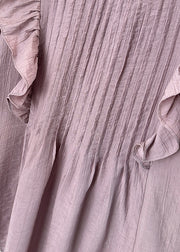 Loose Purple O Neck Wrinkled Cotton Blouse Summer