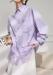 Loose Purple Peter Pan Collar Button Lace Cotton Shirt Fall