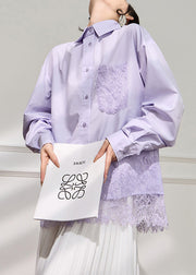 Loose Purple Peter Pan Collar Button Lace Cotton Shirt Fall