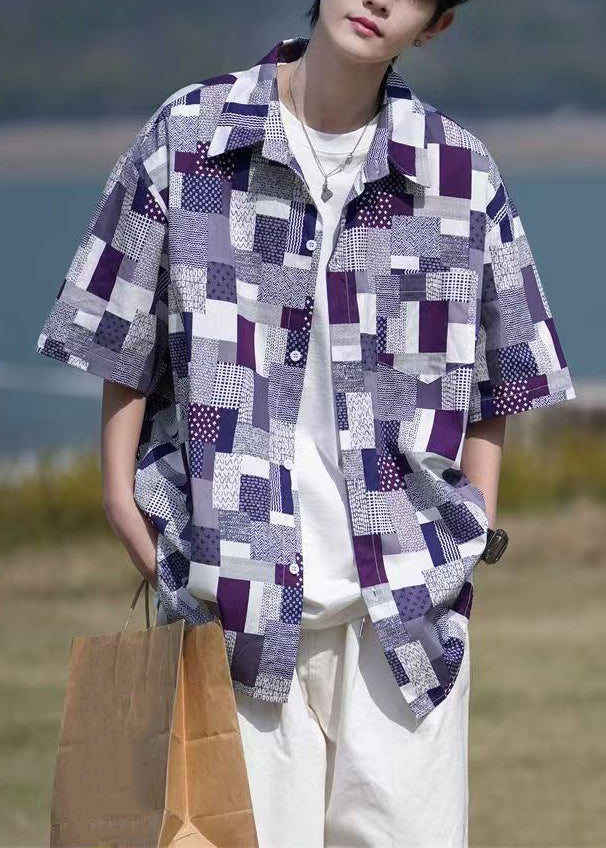 Loose Purple Plaid Button Pockets Cotton Shirt Men Summer