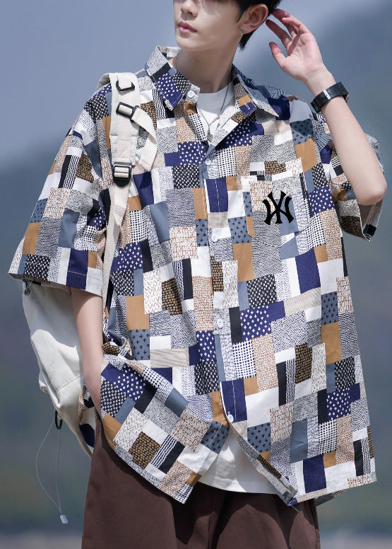 Loose Purple Plaid Button Pockets Cotton Shirt Men Summer