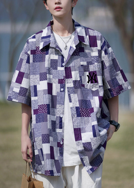 Loose Purple Plaid Button Pockets Cotton Shirt Men Summer