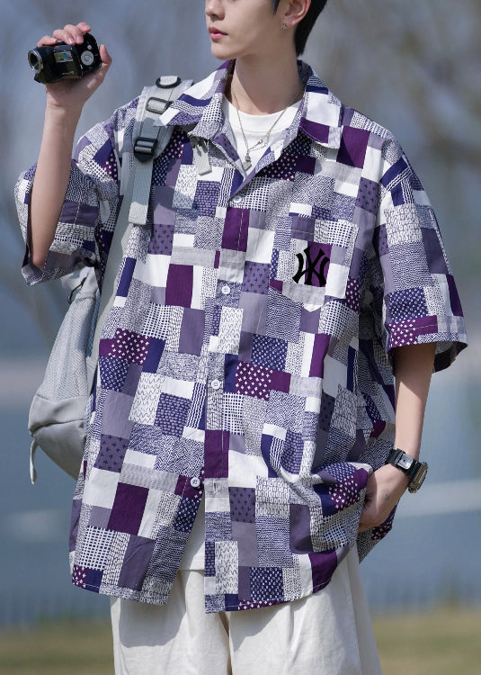 Loose Purple Plaid Button Pockets Cotton Shirt Men Summer