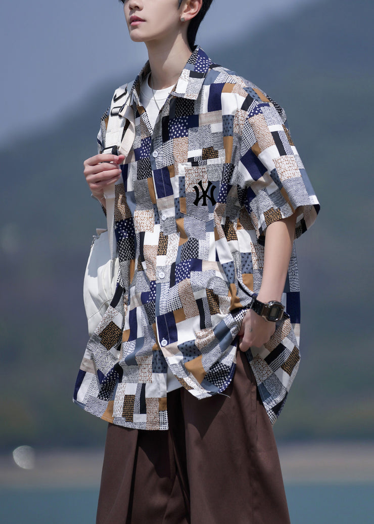 Loose Purple Plaid Button Pockets Cotton Shirt Men Summer