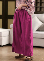 Loose Purple Pockets Elastic Waist Linen Wide Leg Pants Summer