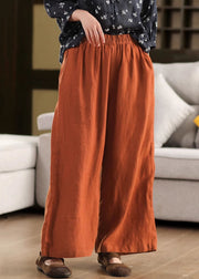 Loose Purple Pockets Elastic Waist Linen Wide Leg Pants Summer